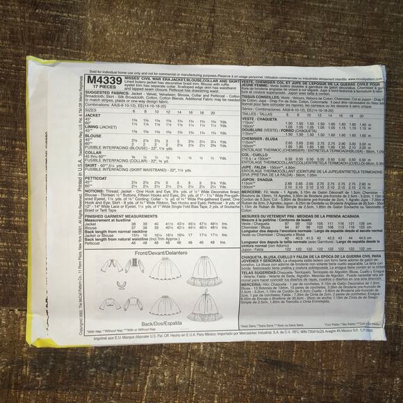 McCalls Sewing Pattern 4339 Civil War Era 1850s Blouse Skirt Jacket 6-12 UNCUT - Picture 3 of 3